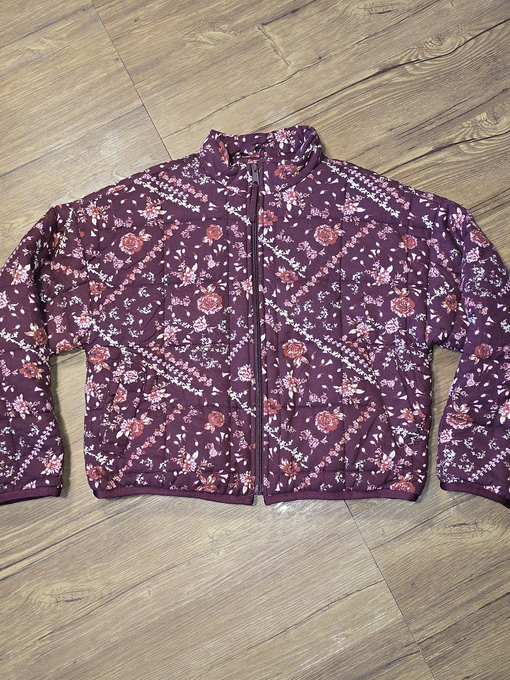 Mark Edwards Studio Quilted Floral Zip-Front Jacket - Burgundy Wine, Fall Coat
